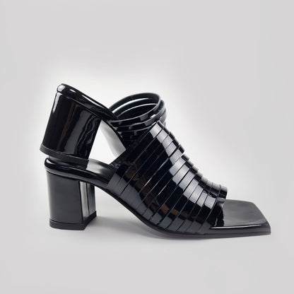 Handmade Strappy Patent Leather Sandals - Black