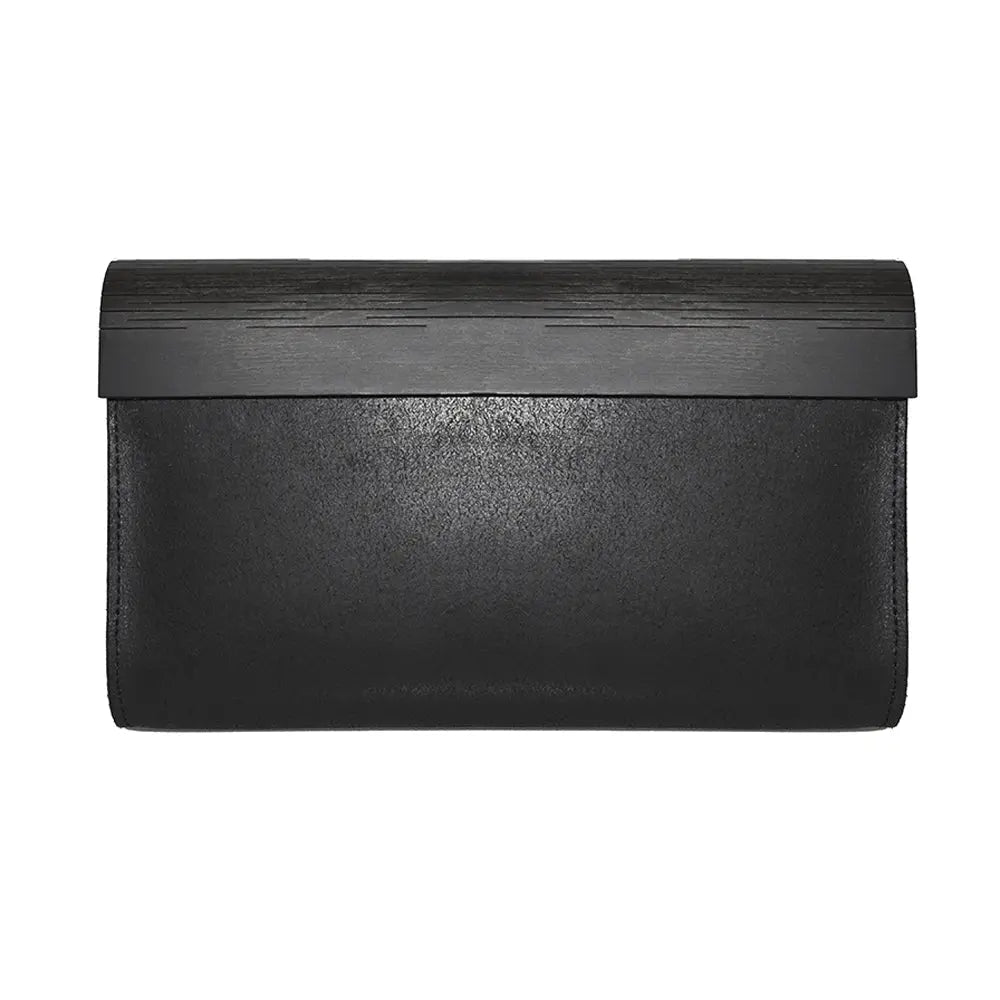 Handmade Glossy black Wood & Leather Clutch bag with detachable shoulder strap. Sleek design with matte black wood panel and leather body. Magnetic clasp closure, interior zip pocket. Dimensions: H16.5cm x W27.5cm x D4cm.