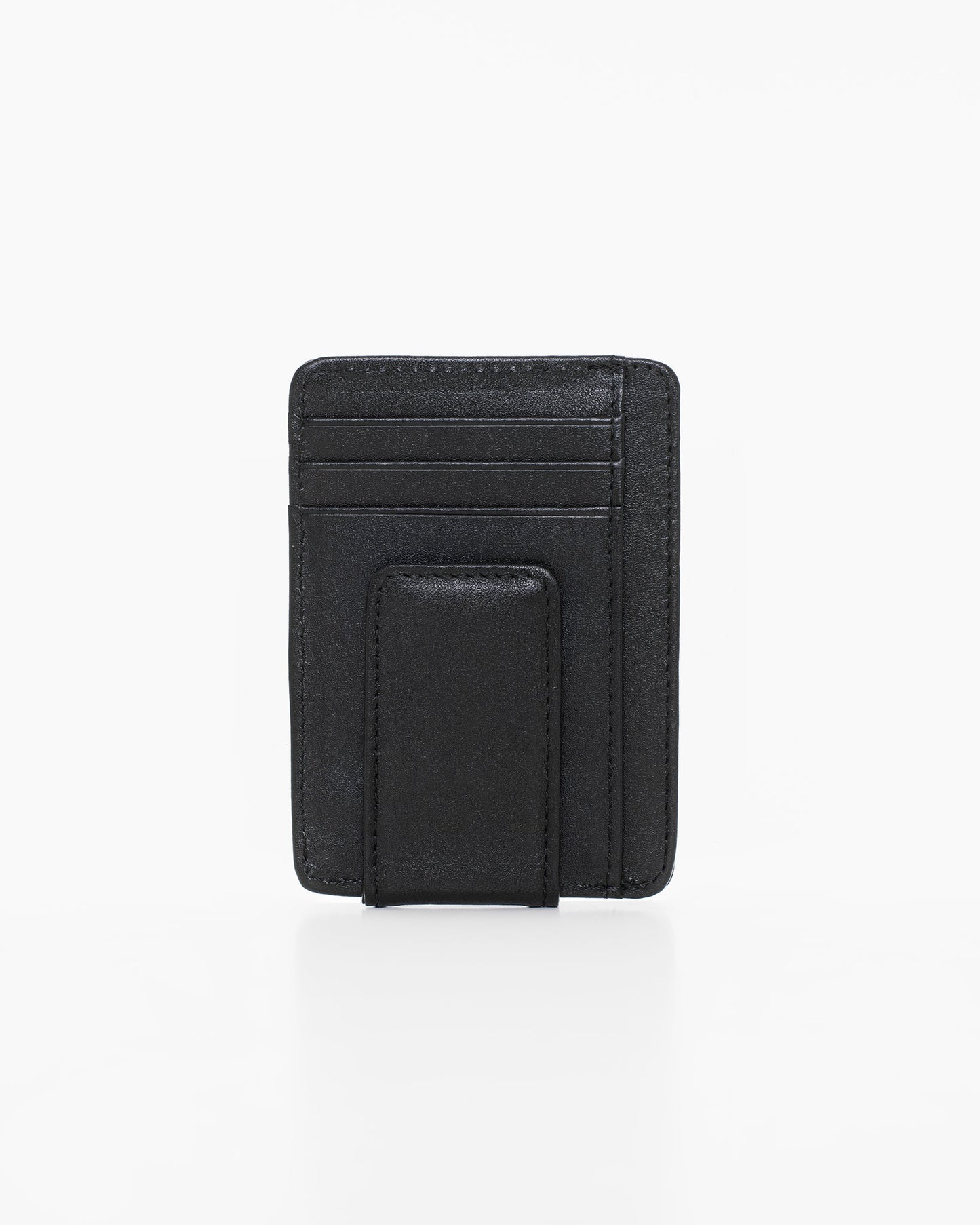 A black leather RFID-blocking card holder with a magnetic clip for cash, featuring 8 slots including a transparent one. Dimensions: 11 x 8 x 1 cm.