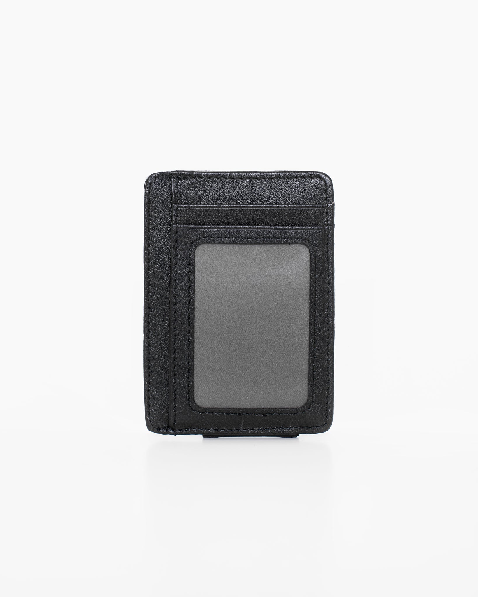 A black leather RFID-blocking card holder by Nabo, featuring 8 slots, one transparent, with a magnetic cash clip. Dimensions: 11 x 8 x 1 cm.