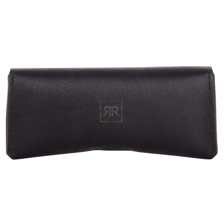 A sleek Genuine Leather Glasses Case with logo detail, crafted from 100% genuine leather for durability. Features button closure, compatibility with standard glasses, and compact dimensions of 16.5 x 8 x 4 cm.