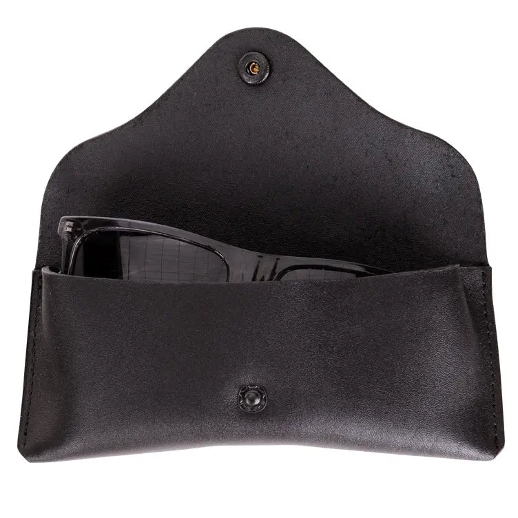 A black leather glasses case with sunglasses inside, featuring a button closure and subtle logo detail. Crafted from 100% genuine leather for durability and style. Dimensions: 16.5 x 8 x 4 cm.