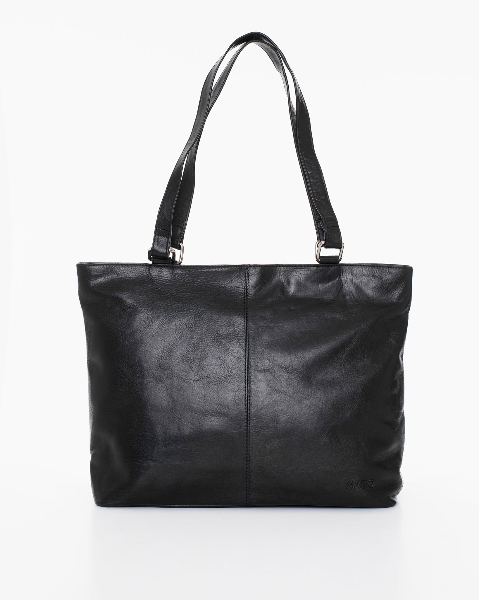 Black leather shoulder bag NK2028 by Nabo. Finnish-designed with genuine leather, featuring a large main compartment, card holders, pen slots, inner and outer zip pockets. Dimensions: 44 x 29 x 12 cm.