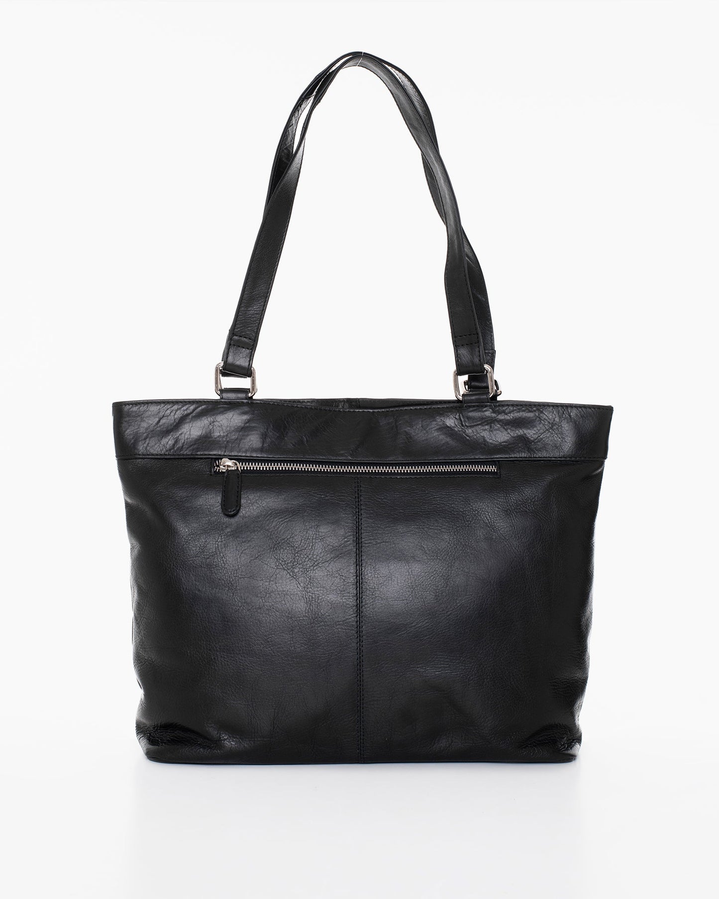 A Finnish-designed Leather Shoulder Bag in black, featuring a zippered main compartment, card and pen holders, inner and outer pockets. Dimensions: 44 x 29 x 12 cm.