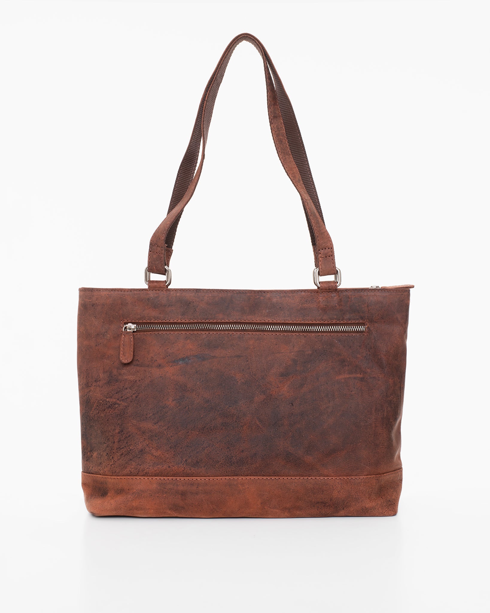 Brown leather shoulder bag with multiple zippered compartments, including one inside and two outside. Finnish-designed NK1909 by Nabo, crafted from genuine leather. Dimensions: 40 x 26 x 11 cm.