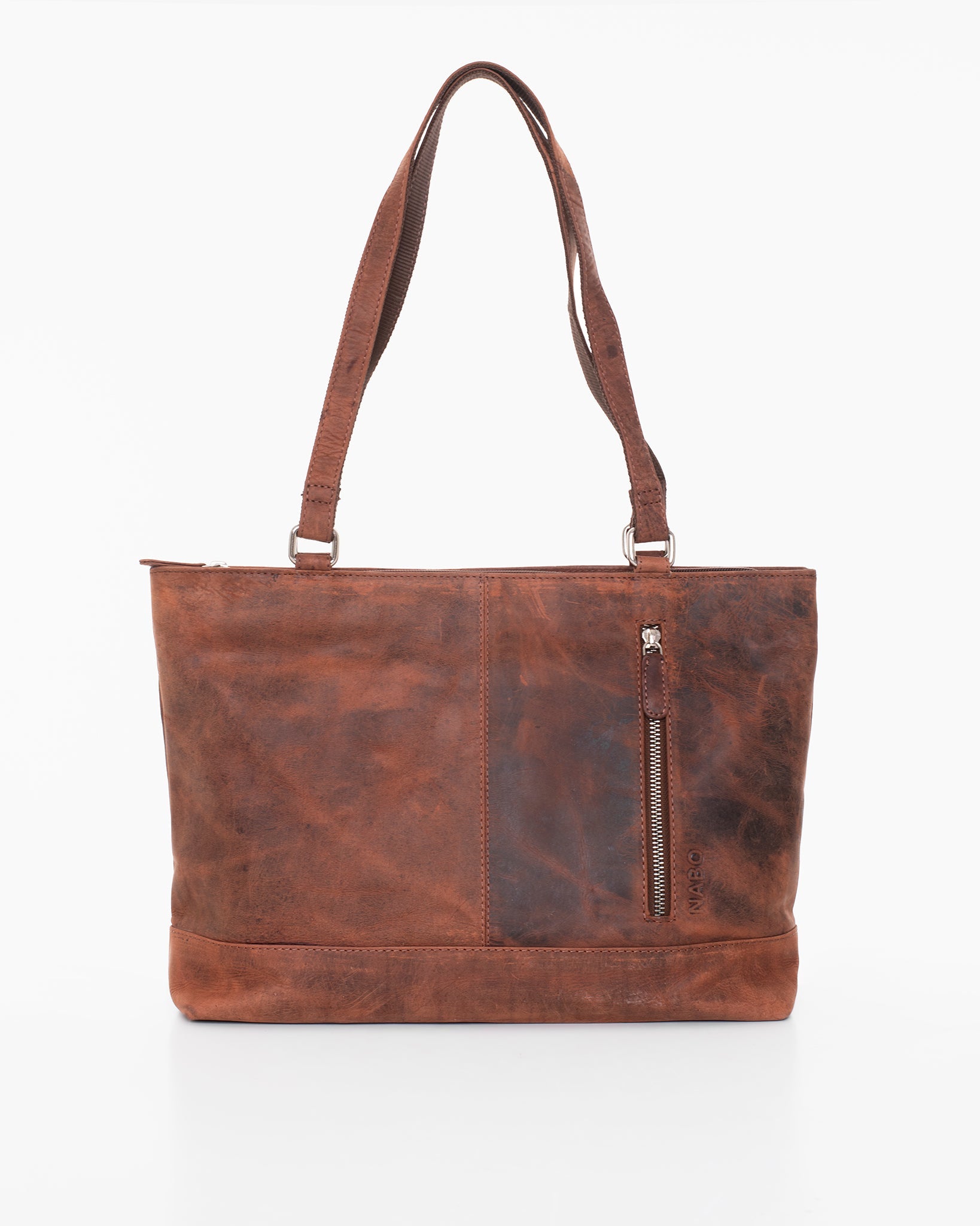A Finnish-designed Leather Shoulder Bag in brown leather, featuring multiple zippered compartments and a sleek, versatile style by Nabo. Dimensions: 40 x 26 x 11 cm.