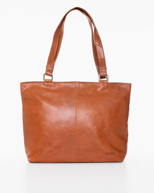 A brown leather shoulder bag with multiple compartments, including zippered pockets, card holders, and pen holders. Dimensions: 44 x 29 x 12 cm. Made by Finnish brand Nabo.