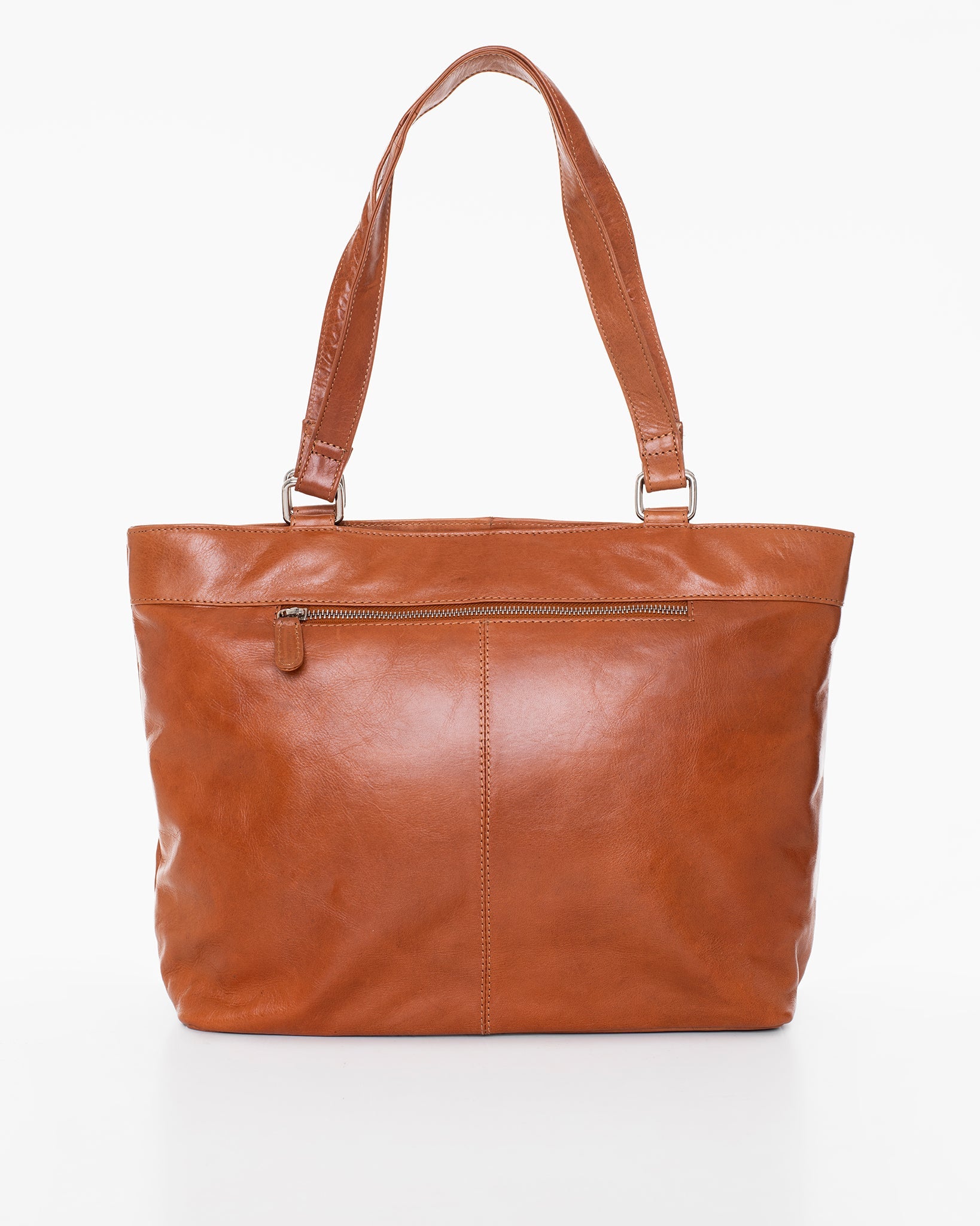 A brown leather shoulder bag with multiple compartments and a silver buckle detail. Finnish-designed NK2028 by Nabo, featuring card holders and pen slots. Dimensions: 44 x 29 x 12 cm.