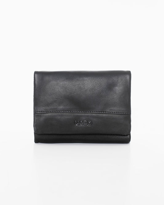 RFID-blocking black leather wallet by Nabo. Genuine leather with 12 card slots, bill compartments, coin pocket, and snap button closure. Dimensions: 12 x 9 x 2.5 cm.