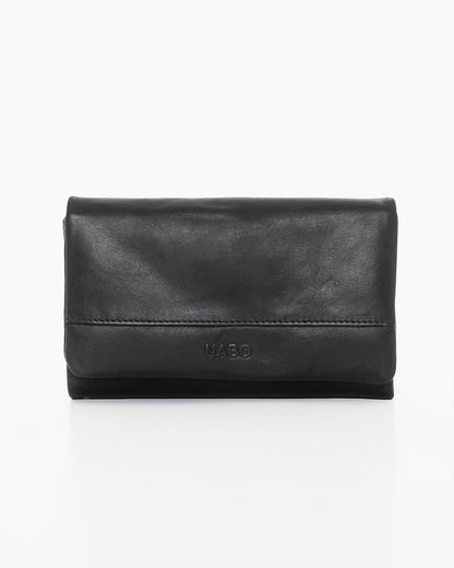 Black leather RFID-blocking wallet by Nabo. Genuine leather with 14 card slots, zippered coin pocket, bill compartments, and snap button closure. Dimensions: 15 x 9 x 2.5 cm.