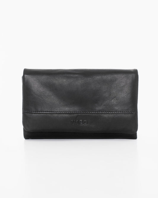 Black leather RFID-blocking wallet by Nabo. Genuine leather with 14 card slots, zippered coin pocket, bill compartments, and snap button closure. Dimensions: 15 x 9 x 2.5 cm.