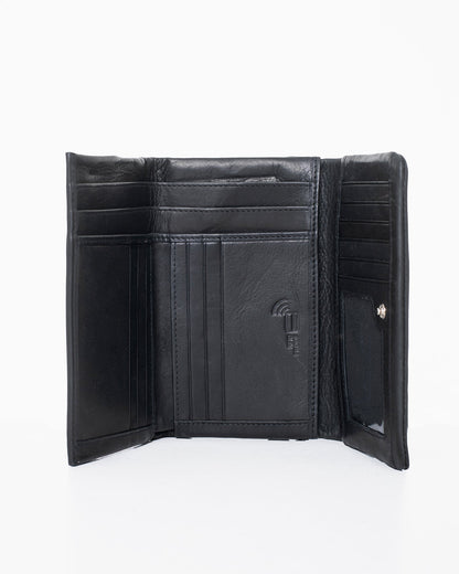 RFID-blocking Leather Wallet in Black by Nabo. Genuine leather, 14 card slots, zippered coin pocket, bill compartments, driving license slot, snap button closure. Dimensions: 15 x 9 x 2.5 cm.