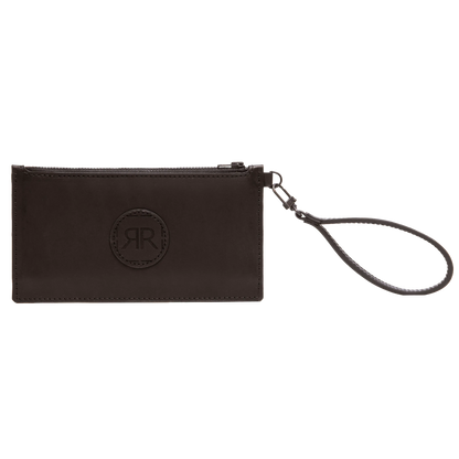 A black leather wallet with a removable wristlet, featuring a logo detail. Crafted from high-quality real leather with a YKK zipper and three compartments for cards and cash. Dimensions: H: 10cm, W: 19cm, D: 2cm.