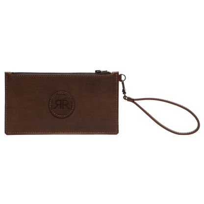 A brown leather wallet with a removable wristlet, featuring a logo detail, YKK zipper, and three compartments for cards and cash. Dimensions: H: 10 cm, W: 19 cm, D: 2 cm.