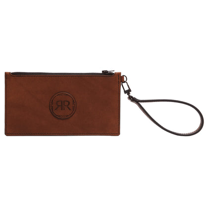 A brown leather wallet with a removable wristlet, featuring a logo detail, YKK zipper, and three compartments for cards and cash. Handcrafted in Europe, exuding luxury and durability. Dimensions: 10x19x2 cm.