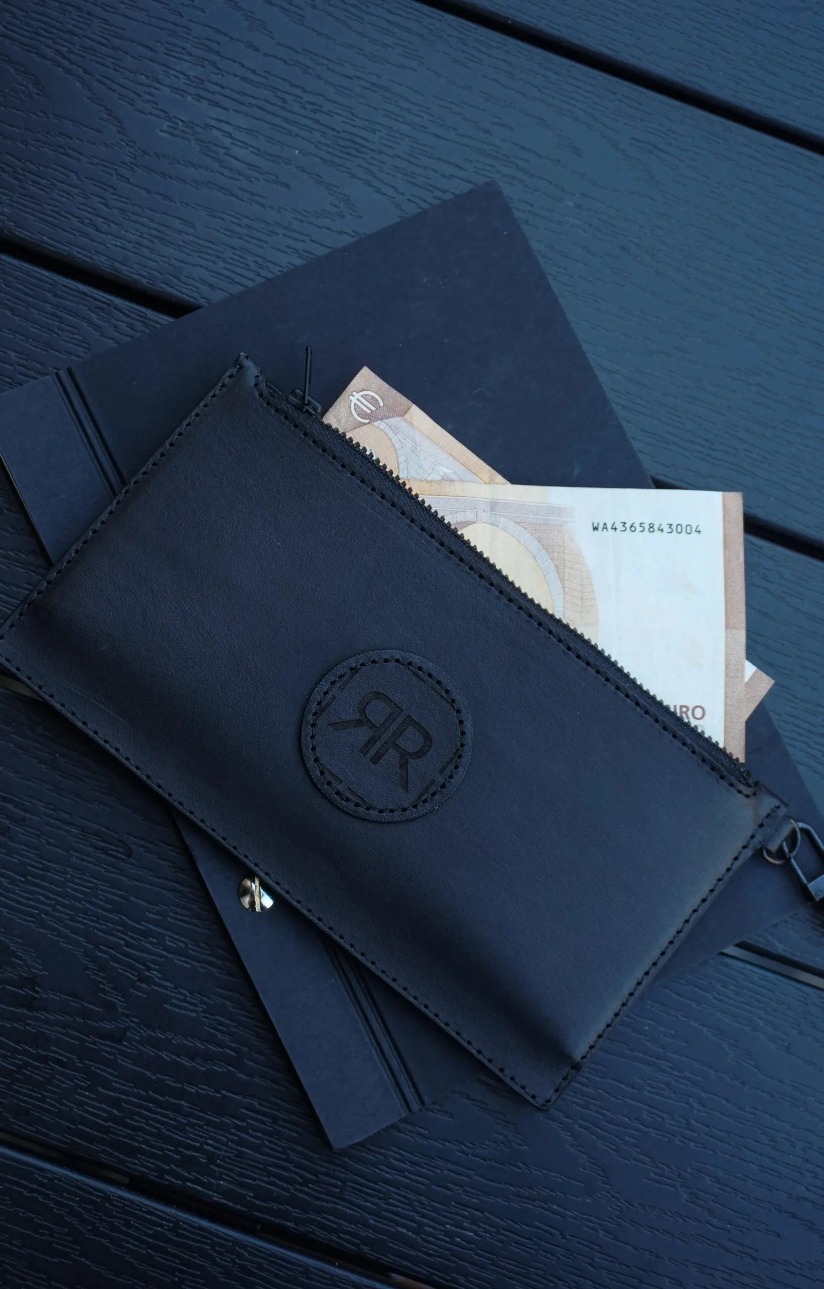 A sleek Leather Wristlet Wallet with removable wristlet, real leather, YKK zipper, three compartments, RR logo detail, handcrafted in Europe.