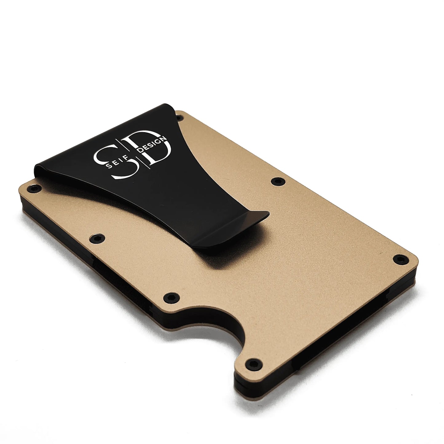 Sleek aluminum cardholder with RFID blocking, holds up to 12 cards. Eco-friendly packaging. Lite Gold - Card Holder with RFID Blocking by Seif Design.