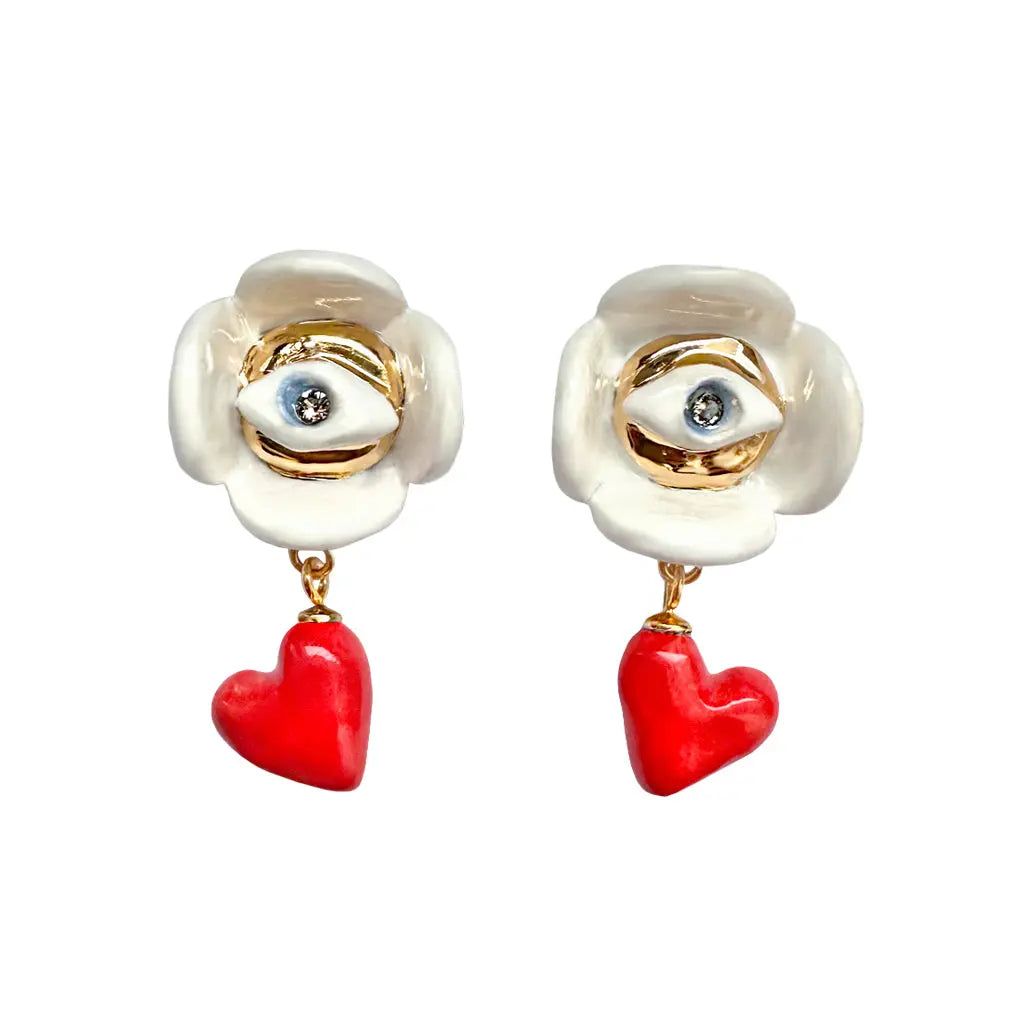 Hand-made ceramic earrings with Eye of Protection charm, 24K gold lustre, and Swarovski crystal detail. Unique variations possible.