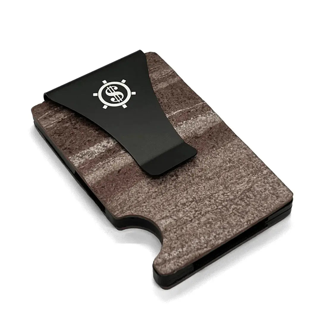 A sleek marble cardholder with RFID blocking, holding up to 12 cards, featuring a minimalist design and eco-friendly packaging. Available with or without a money clip.