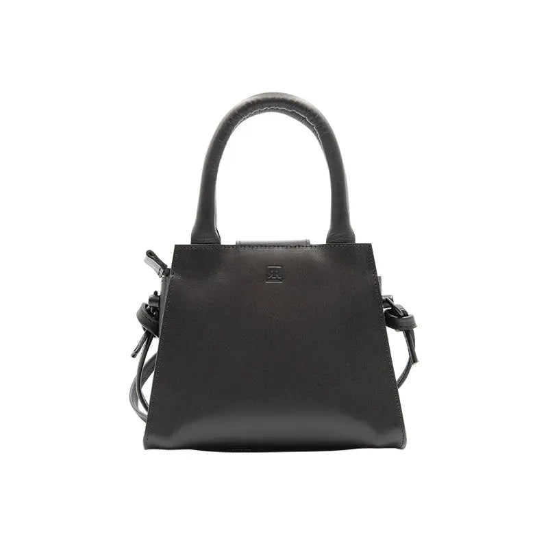 A sophisticated Mini Leather Handbag crafted from high-quality leather with reinforced handles, zipper closure, adjustable shoulder strap, knot detailing, and interior pocket for organization.
