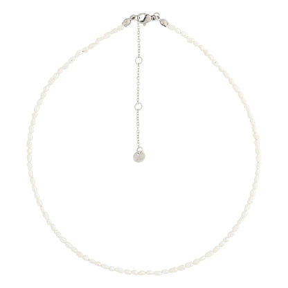 Necklace with freshwater pearls and silver chain, featuring a close-up of a silver tag. Stainless steel material, allergy-free, packaged for gifting. Length: 38 cm + 5 cm extension. Pearl size: 2-3 mm.