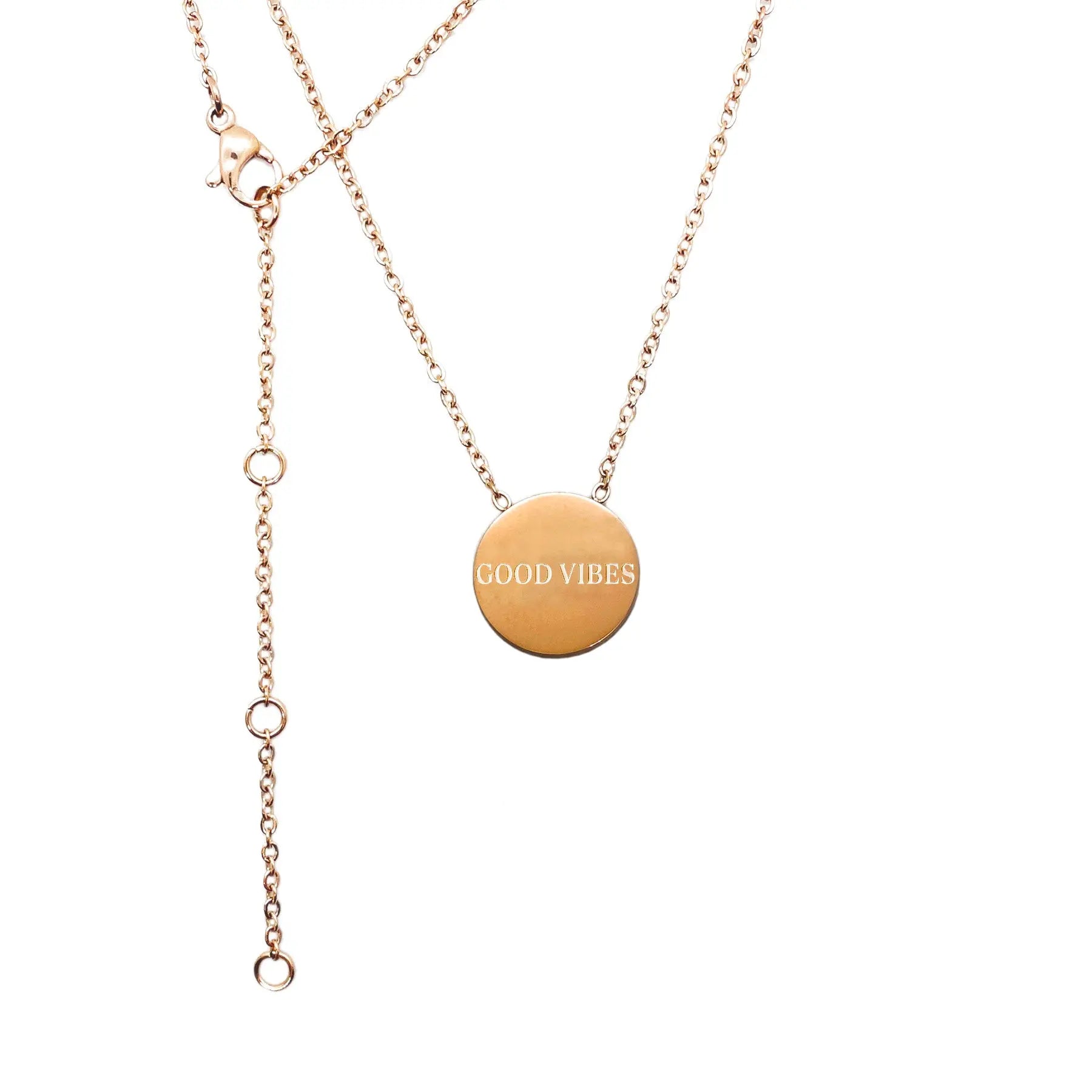 A durable stainless steel necklace with a 18mm medallion, featuring a circle pendant on a chain. Available in silver, rose gold, and gold finishes.