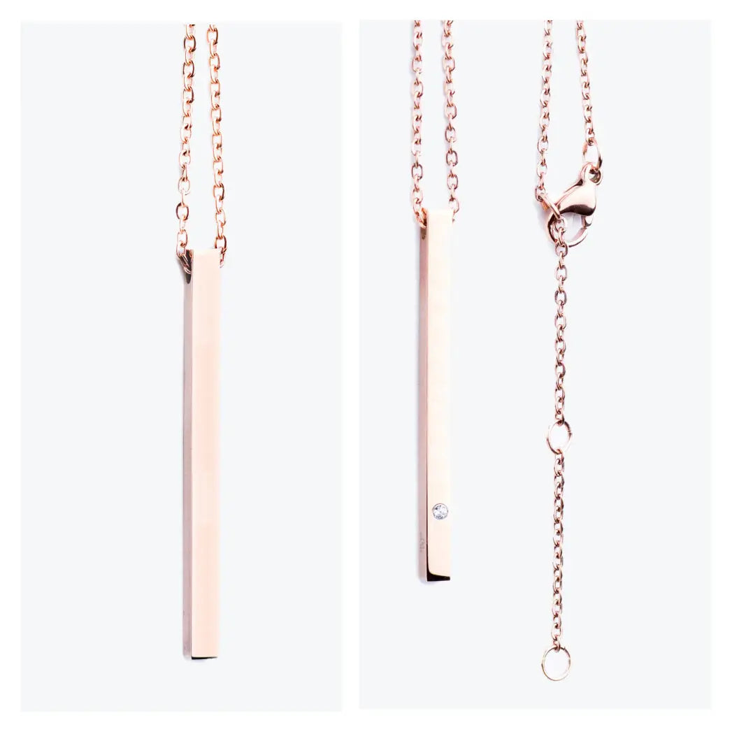 A collage of different necklaces featuring a close-up of a chain pendant. OLLA stainless steel necklace, 50 cm long, available in silver, rose gold, and gold tones.