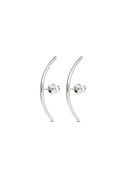 Silver Radius Earrings, hand-crafted from Sterling Silver 925. Elegant 31.6mm length, 1.8mm thickness, with push-back clasps. Sustainable packaging. Two-year warranty included.