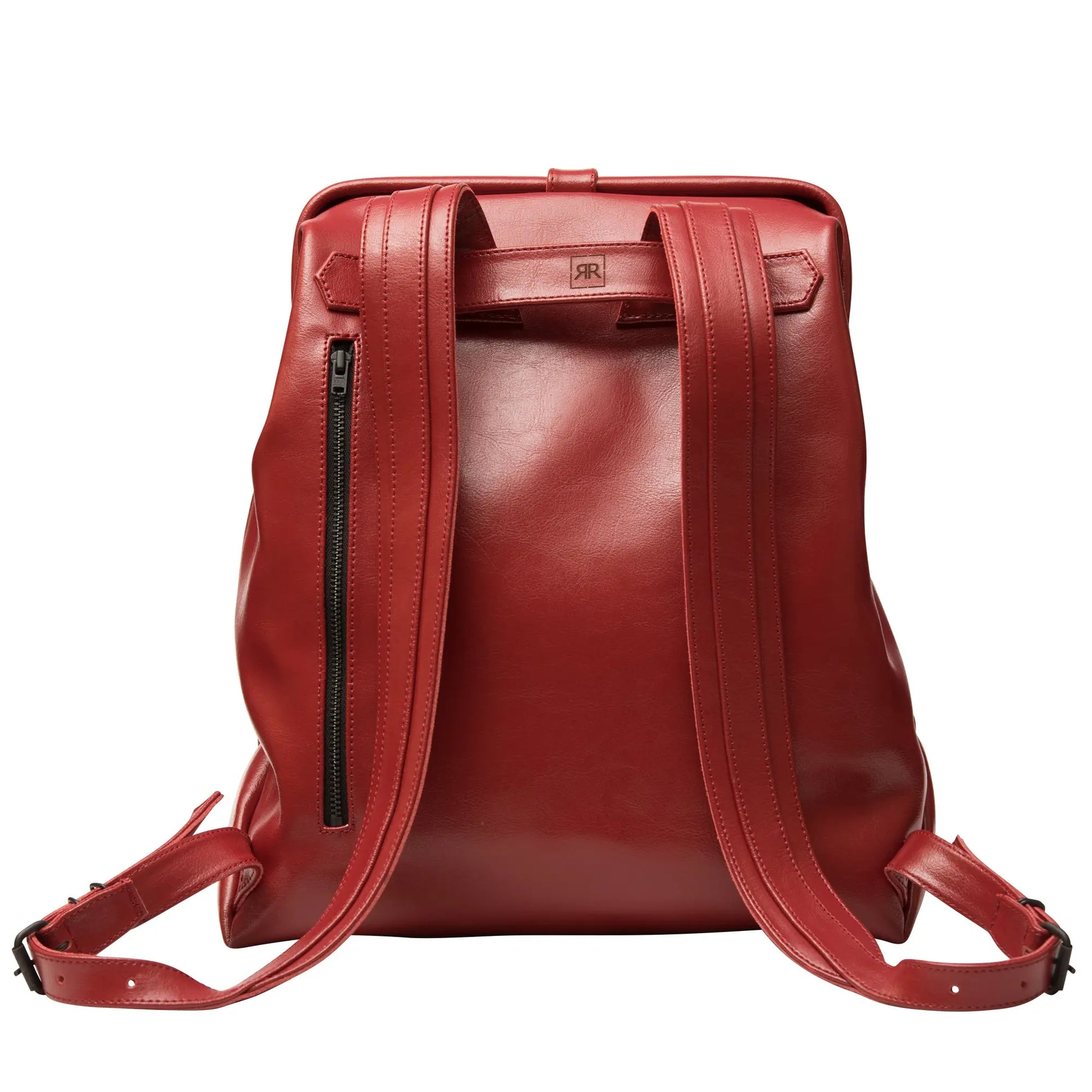 Red Leather Backpack - Medium & Large: Vintage doctor bag-inspired design with adjustable shoulder straps, grab handle, pin-buckle closure, outer zip pocket, and quality leather craftsmanship. Fits laptops up to 17 inches.
