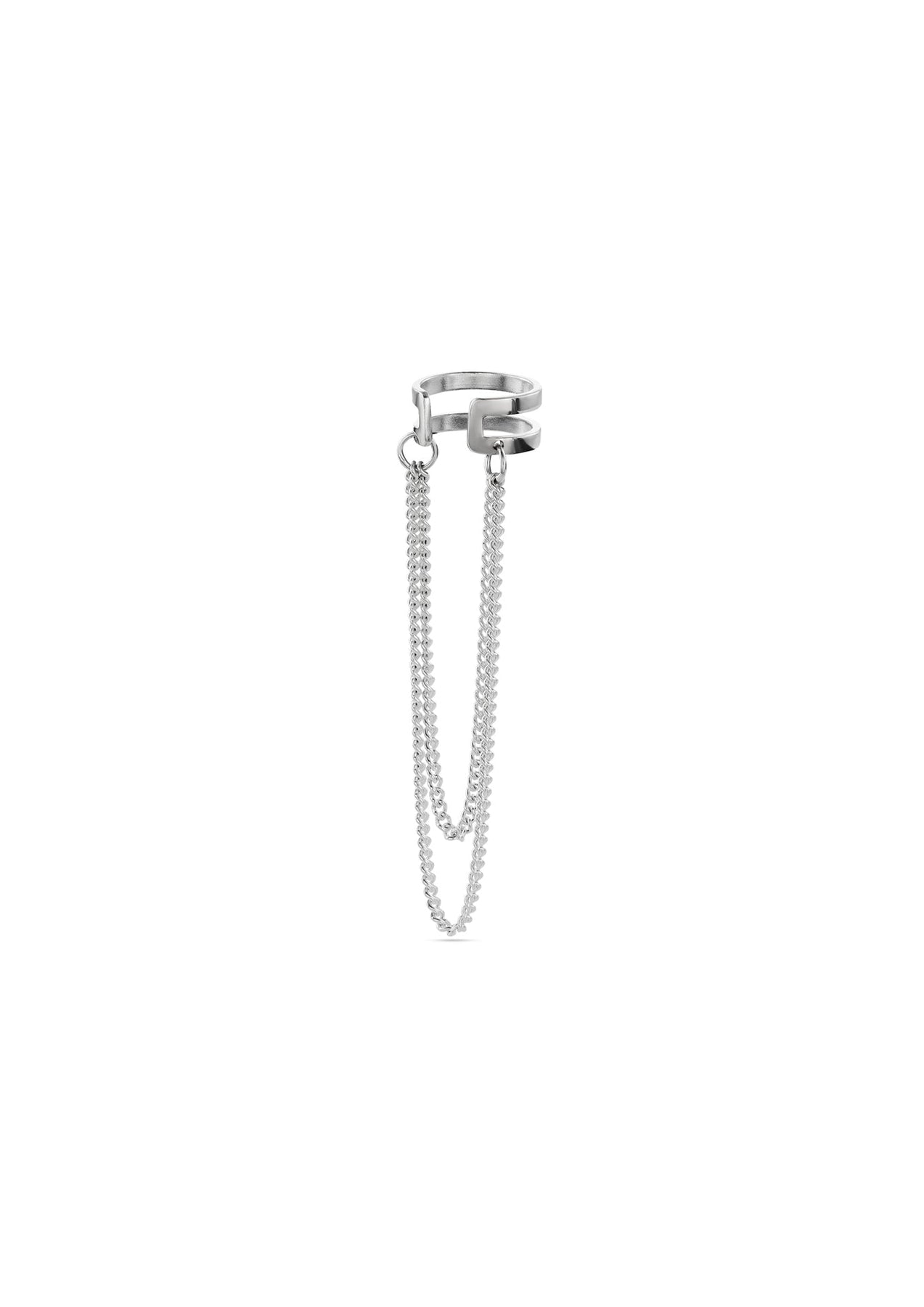 Sterling silver Revolve Ear Cuff with double split flat design and double chain detail. Handcrafted, no piercing needed. 1mm thick, 5.73mm wide, 60mm long, 2.67g weight. Sustainable packaging. Made in Lithuania and the Netherlands. 2-year warranty.