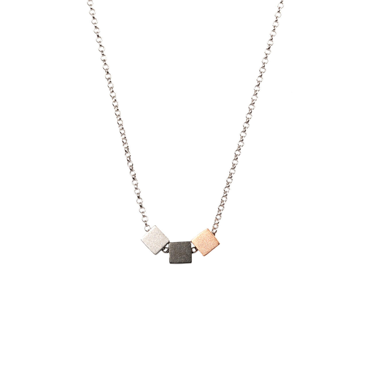 Satin Cube Choker Necklace featuring three square pendants on a 45 cm silver chain, designed for elegance and versatility by MyaMoon.