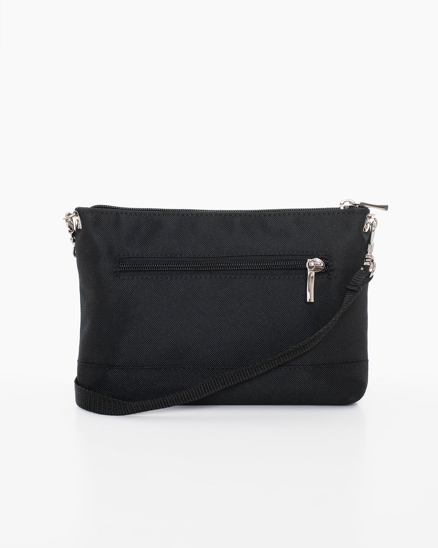 Shoulder Bag - Black by Nabo, a Finnish brand. Recycled polyester bag with main and smaller zippered pockets, convertible to a waist bag. Strap max size 145 cm. Dimensions: 22 x 15 x 3 cm.