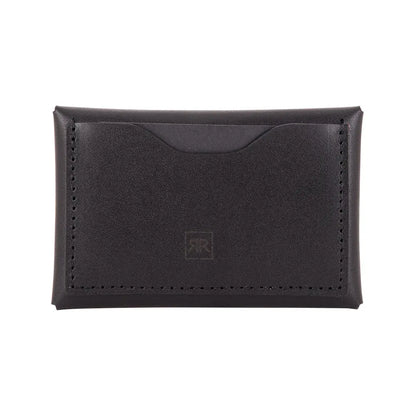 A sleek black leather envelope wallet with RR logo detail, featuring a credit card slot, internal pocket, and press stud closure for secure organization of cards and cash.