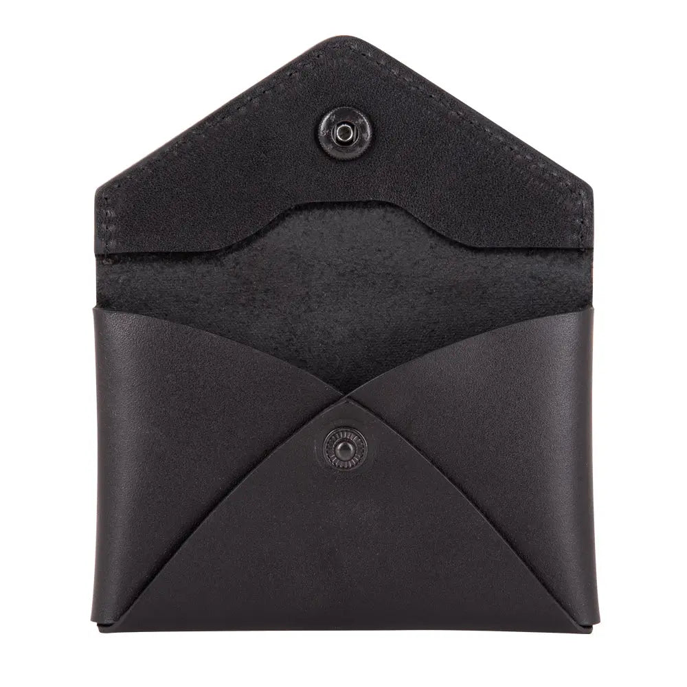A black leather envelope wallet with a button closure. Compact and classic design, featuring one card slot and internal pocket. Handcrafted in Europe with subtle RR logo detail.