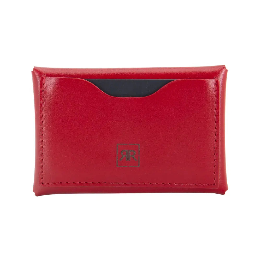 A compact red leather envelope wallet with RR logo detail, one card slot, snap button closure, and press stud closure for secure everyday carry.