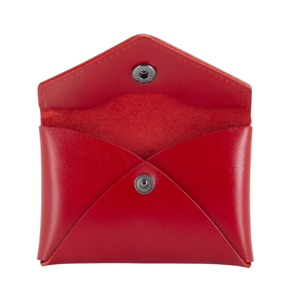 Compact red leather envelope wallet with button closure. Features credit card slot, internal pocket, and RR logo detail. Handcrafted in Europe for elegance and functionality on the go.