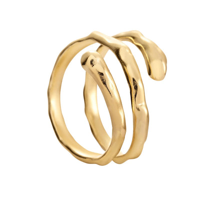 A close-up of a resizable ring with a spiral gold design, made from 925 sterling silver, plated with 18k gold. Hypoallergenic and elegant for all occasions.