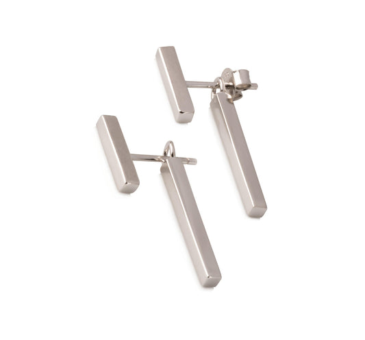 T-Bar Earrings featuring two irregular hexahedrons in silver, offering versatile wear as a pair or single piece, designed by MyaMoon in Estonia.