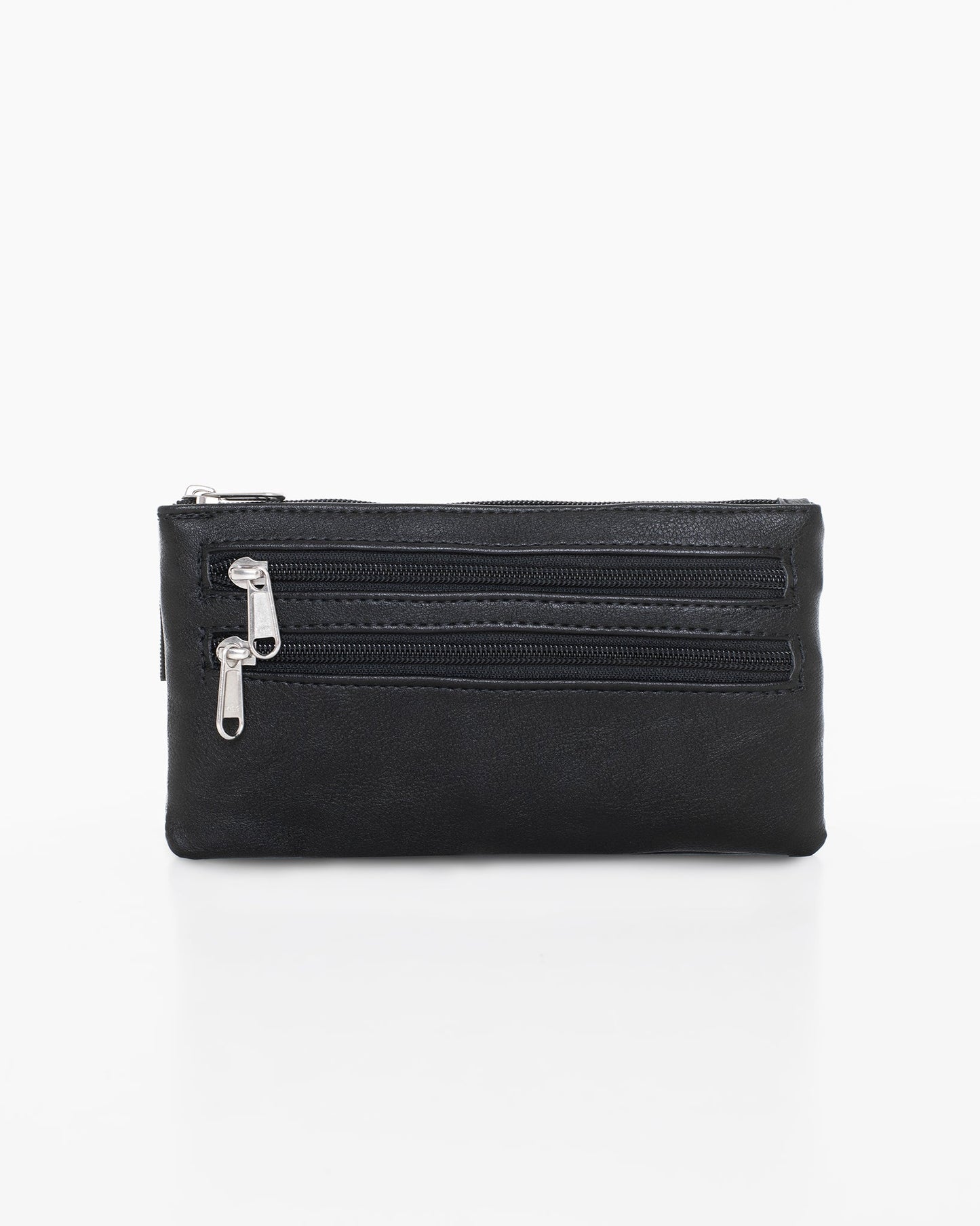 A black waist bag with silver zippers, made in Finland from recycled polyester by Nabo. Multiple zipped pockets, dimensions 22 x 12 x 1 cm.