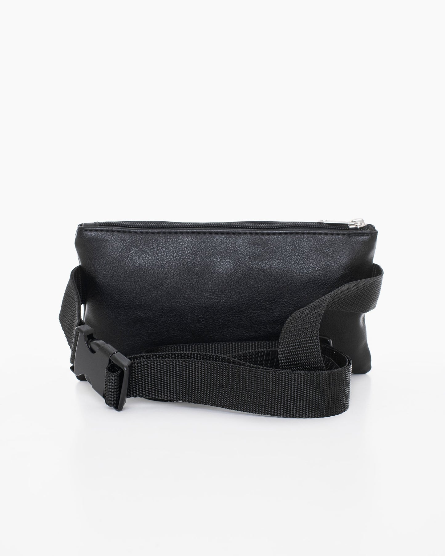 A Finnish Nabo waist bag in black, featuring multiple zipped pockets, made from recycled polyester. Dimensions: 22 x 12 x 1 cm.
