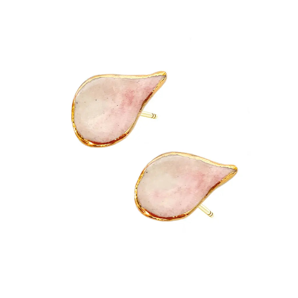 Hand-crafted Wild Cherry Leaf STUD earrings with 24K gold details on 925 sterling silver. Unique ceramic design inspired by nature.