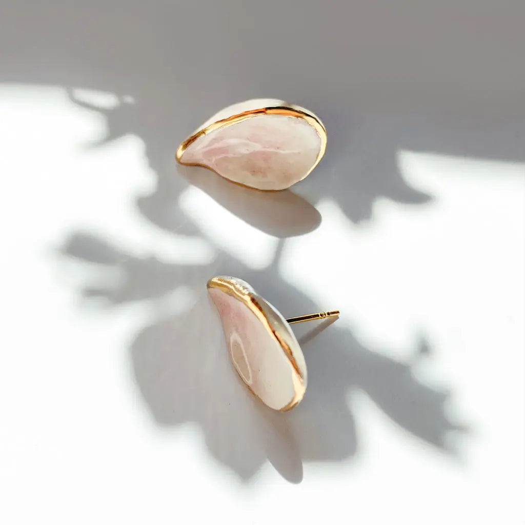 Hand-crafted Wild Cherry Leaf STUD earrings with 24K gold lustre and silver details. Unique ceramic design inspired by nature.