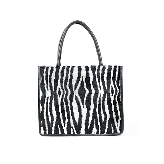 Large Leather & Silk Tote Bag - Gillian, featuring a zebra pattern, spacious design, handmade in Turkey with internal leather lining, ideal for daily essentials.